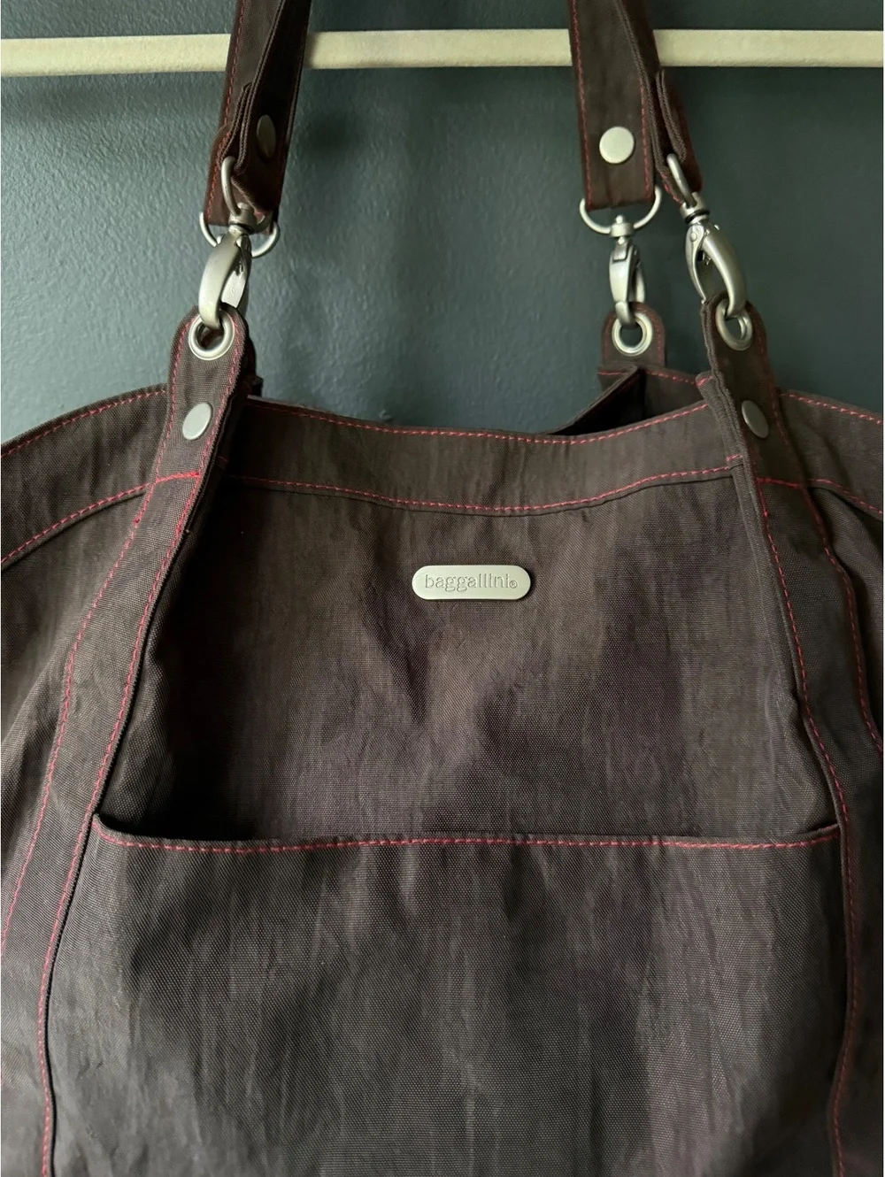 Baggallini Brown Tote Bag with Red Stitching and Front Pocket